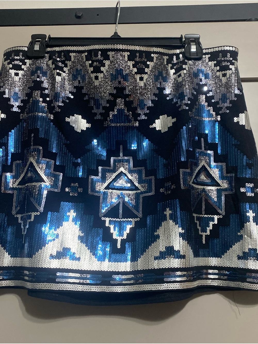 Express Blue and Silver Sequin Geometric Mini Skirt